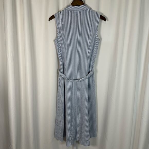 Anne Klein Blue‎ White Stripe Seersucker Sleeveless Midi Shirt Dress Sz 2 Preppy - Picture 5 of 9
